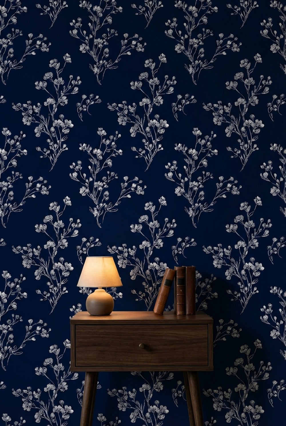 Floral Wallpaper Navy Minimalist Decorative Mural