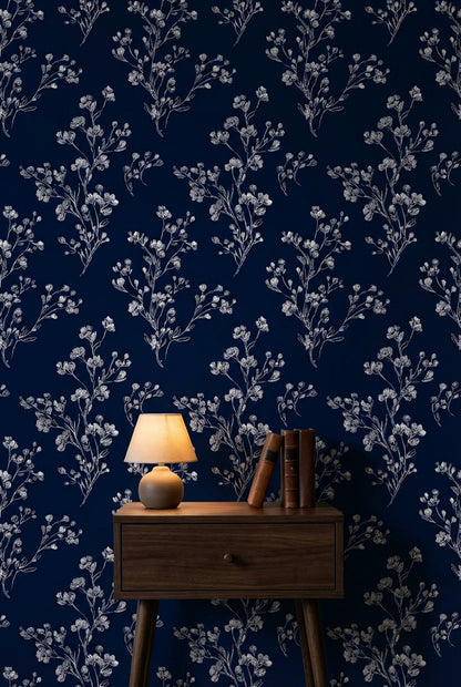 Floral Wallpaper Navy Minimalist Decorative Mural