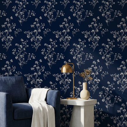 Floral Wallpaper Navy Minimalist Decorative Mural