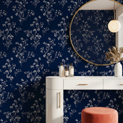 Floral Wallpaper Navy Minimalist Decorative Mural