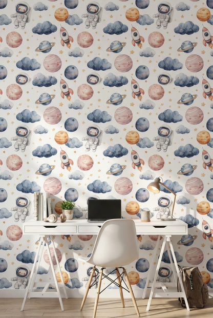 Astronaut Wallpaper Planets Whimsical Mural