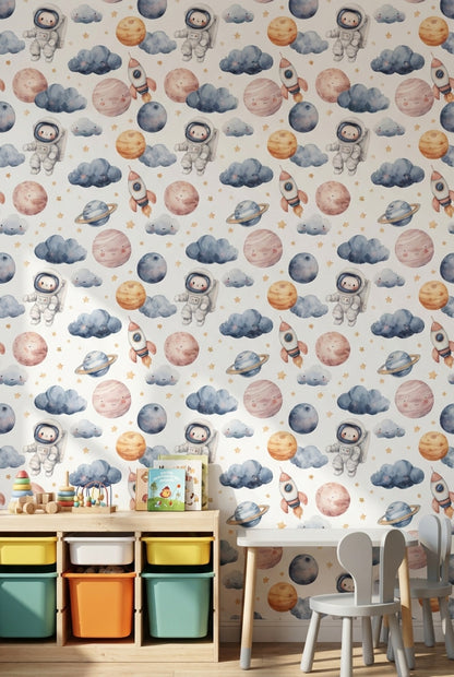 Astronaut Wallpaper Planets Whimsical Mural