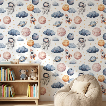Astronaut Wallpaper Planets Whimsical Mural