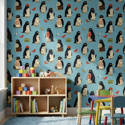 Penguins Wallpaper Whimsical Collage Wall Mural