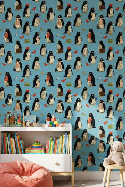 Penguins Wallpaper Whimsical Collage Wall Mural