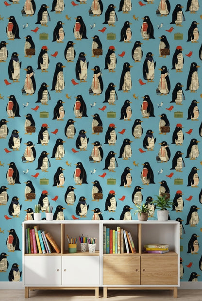 Penguins Wallpaper Whimsical Collage Wall Mural