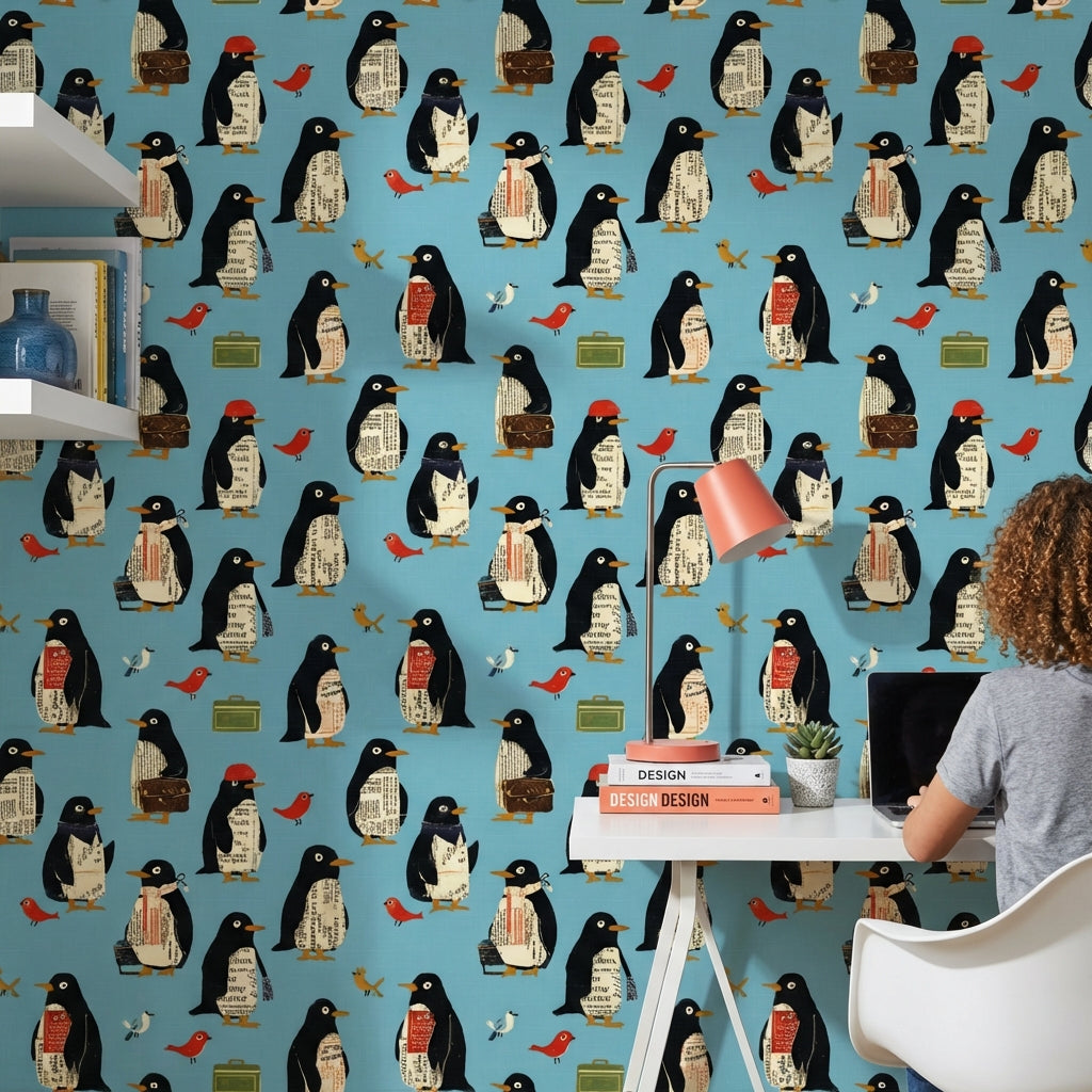 Penguins Wallpaper Whimsical Collage Wall Mural