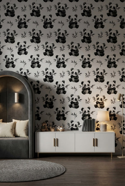 White Background Wallpaper Panda Playful Decorative Mural