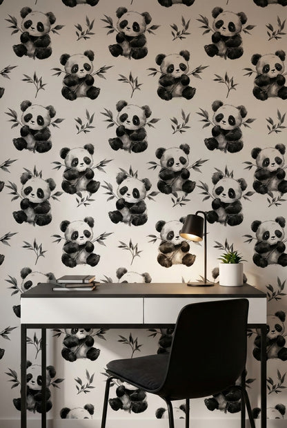 White Background Wallpaper Panda Playful Decorative Mural