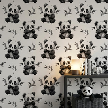 White Background Wallpaper Panda Playful Decorative Mural