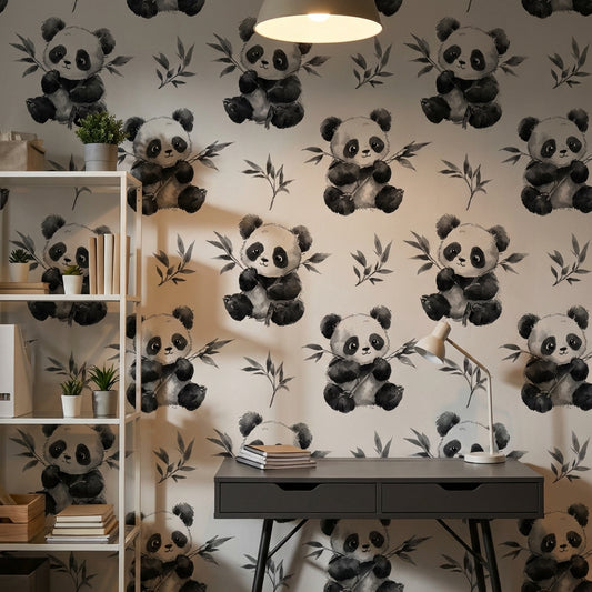 White Background Wallpaper Panda Playful Decorative Mural