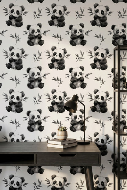 White Background Wallpaper Panda Playful Decorative Mural