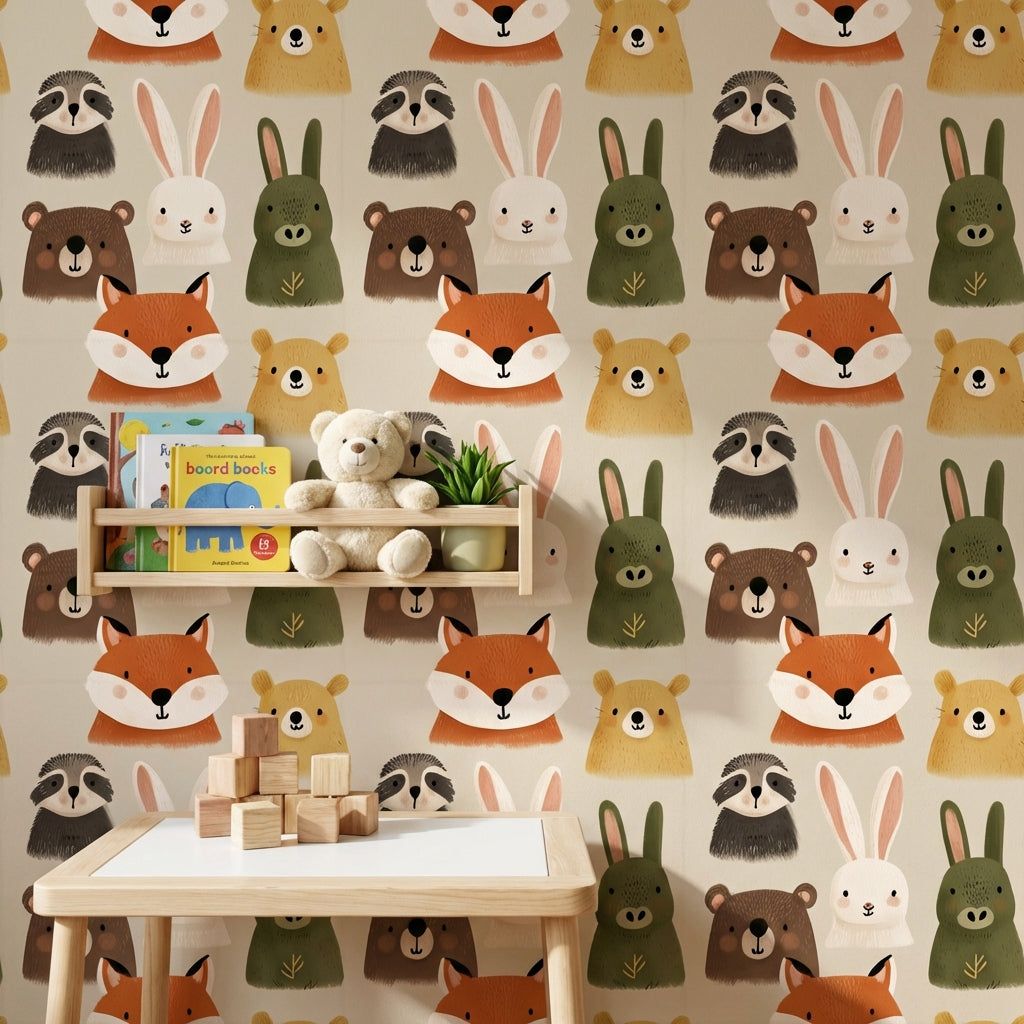 Woodland Animals Wallpaper Cartoon Playful Decorative Mural