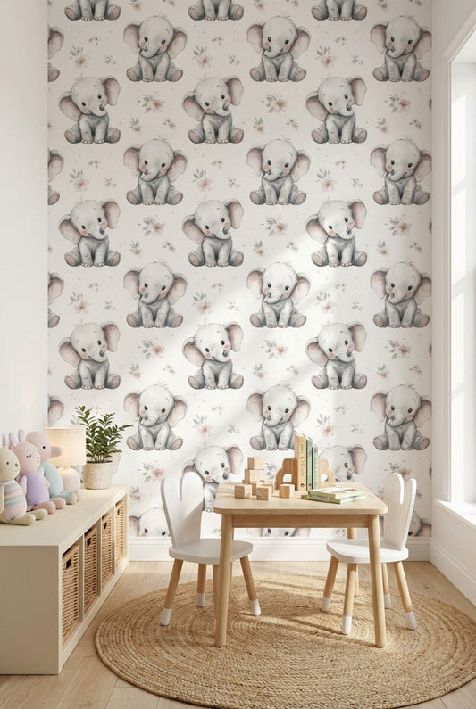 Elephant Wallpaper Floral Watercolor Removable Wall Decor