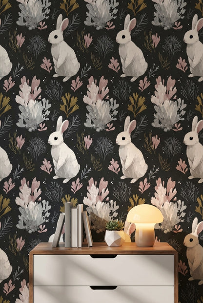 Rabbit Wallpaper Botanical Dark Wall Mural