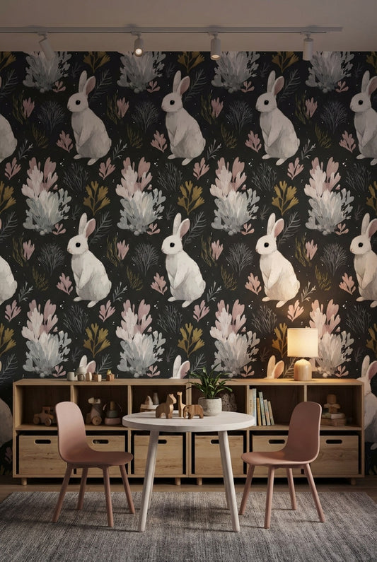Rabbit Wallpaper Botanical Dark Wall Mural