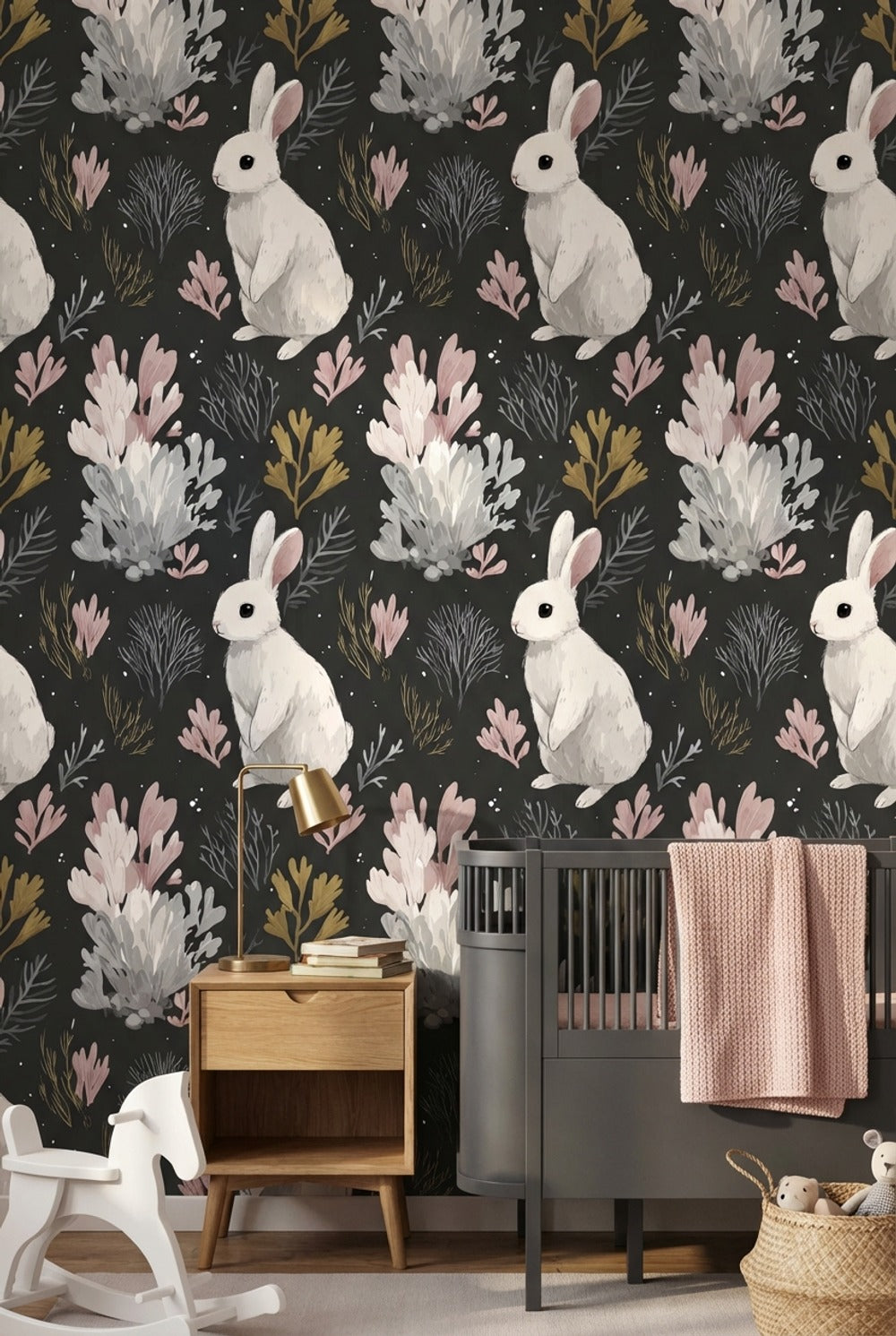 Rabbit Wallpaper Botanical Dark Wall Mural