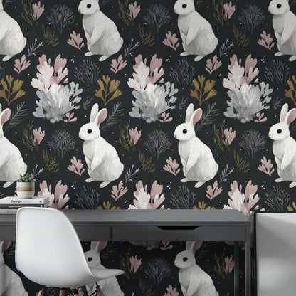 Rabbit Wallpaper Botanical Dark Wall Mural