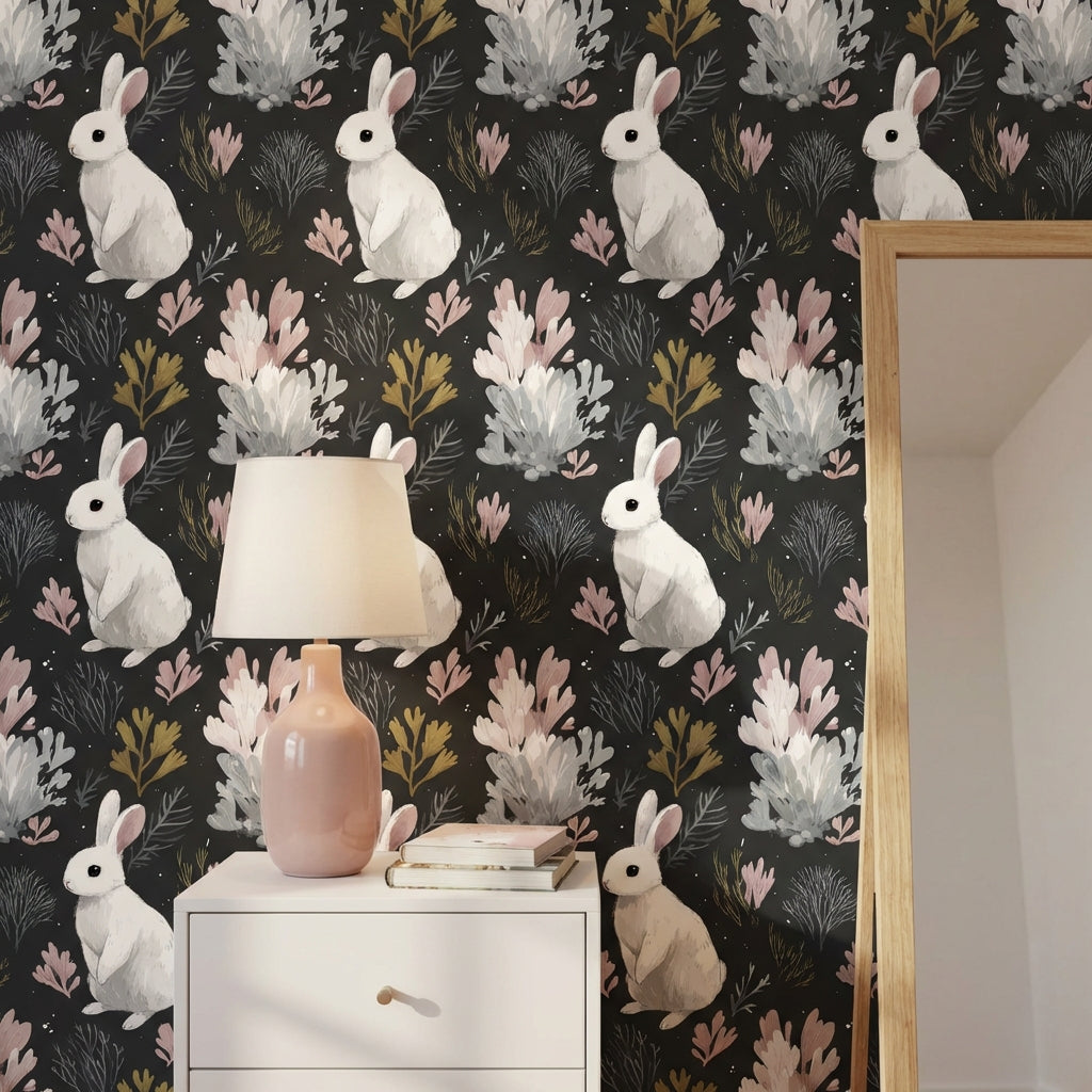Rabbit Wallpaper Botanical Dark Wall Mural