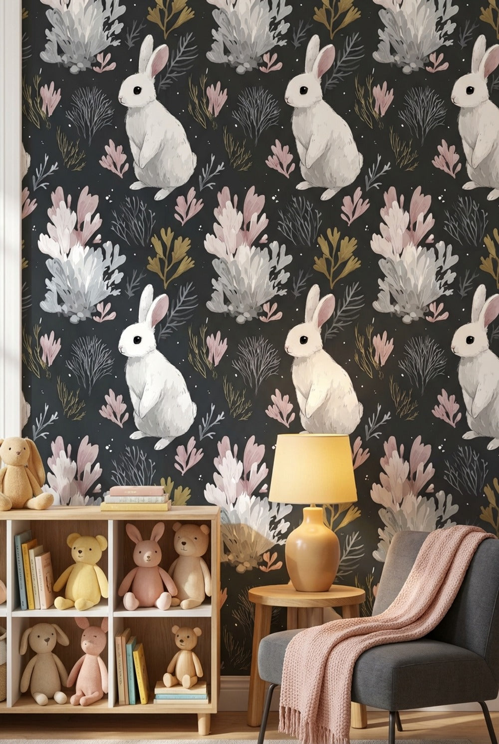 Rabbit Wallpaper Botanical Dark Wall Mural