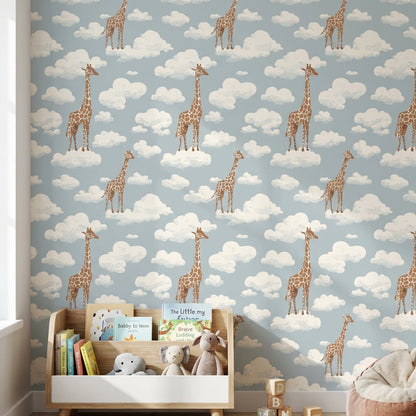 Giraffes Wallpaper Clouds Removable Whimsical Wall Mural