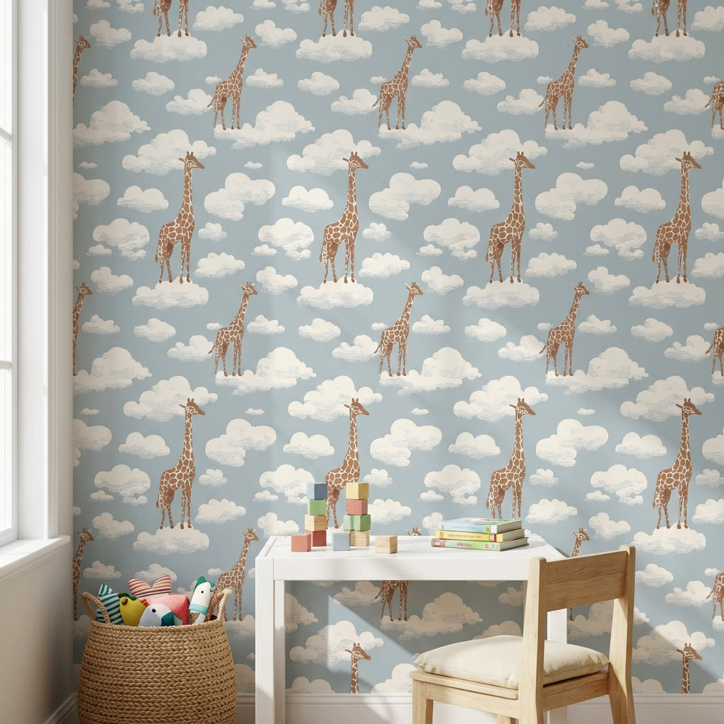 Giraffes Wallpaper Clouds Removable Whimsical Wall Mural