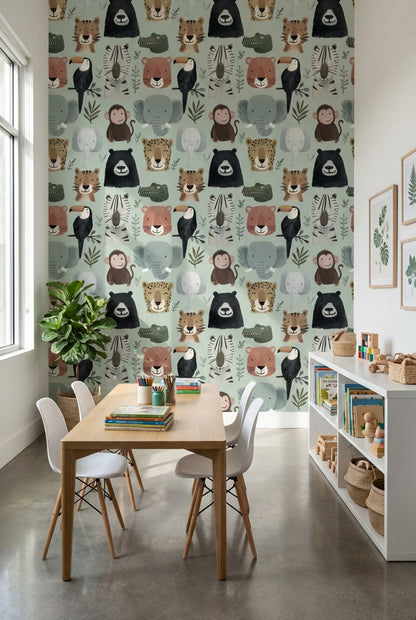 Muted Green Wallpaper Animal Faces Removable Kids Wall Art