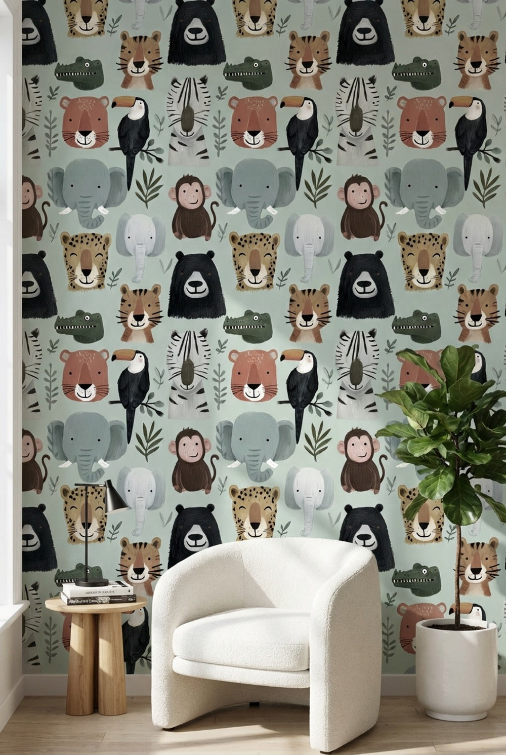 Muted Green Wallpaper Animal Faces Removable Kids Wall Art