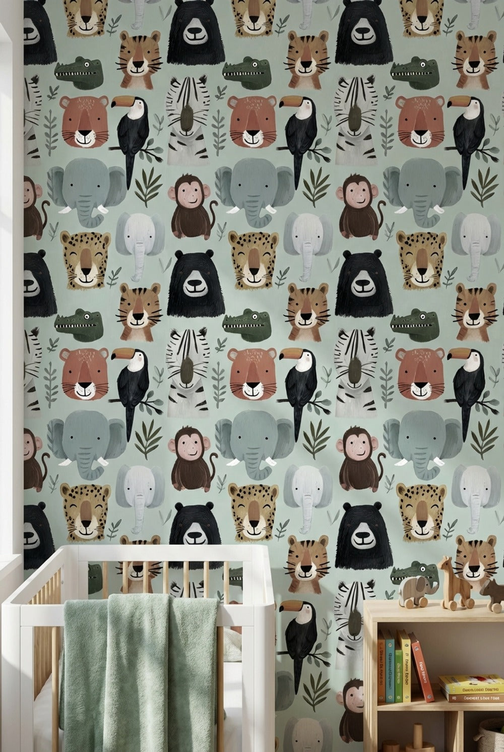 Muted Green Wallpaper Animal Faces Removable Kids Wall Art