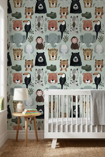 Muted Green Wallpaper Animal Faces Removable Kids Wall Art