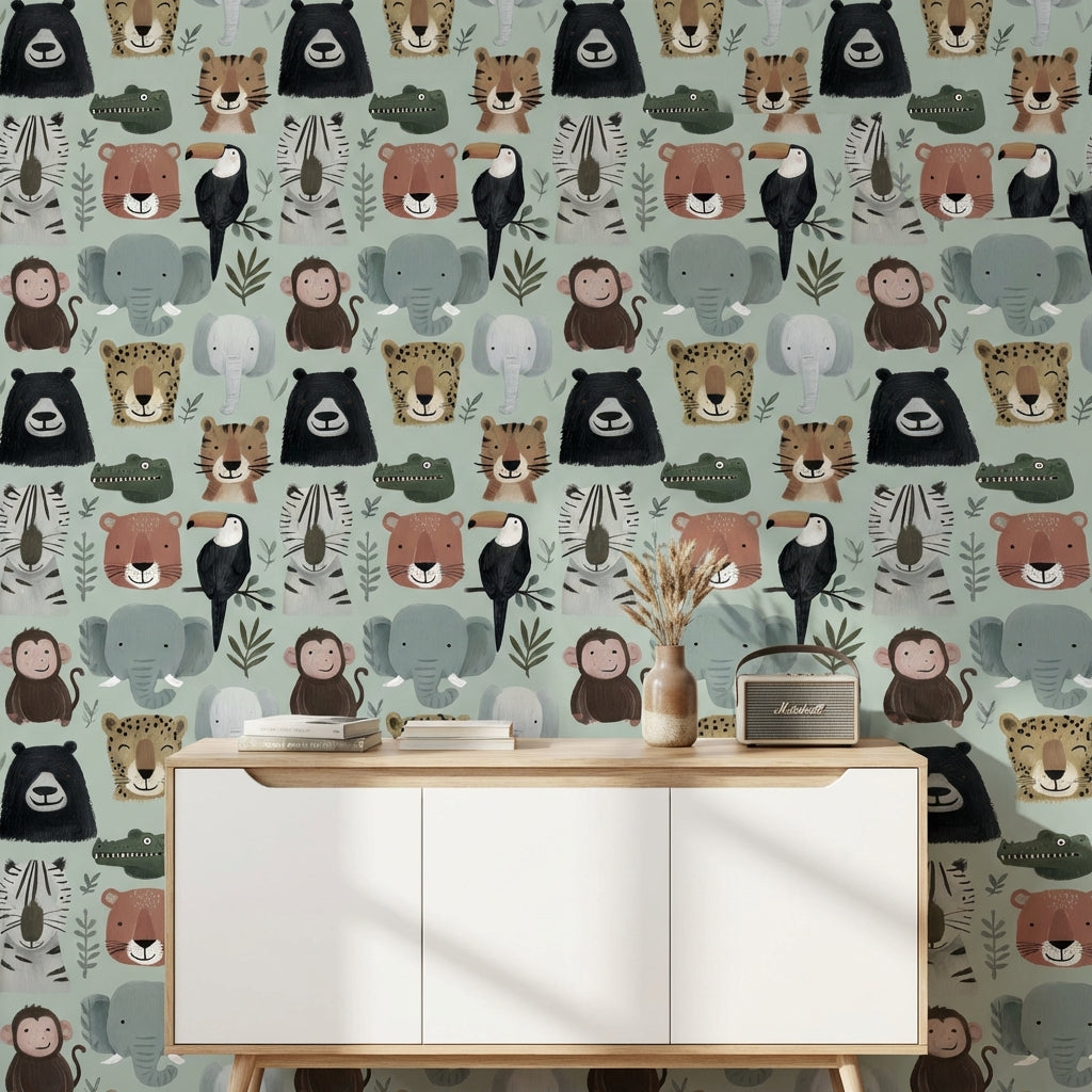 Muted Green Wallpaper Animal Faces Removable Kids Wall Art
