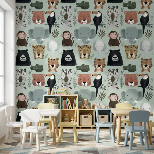 Muted Green Wallpaper Animal Faces Removable Kids Wall Art