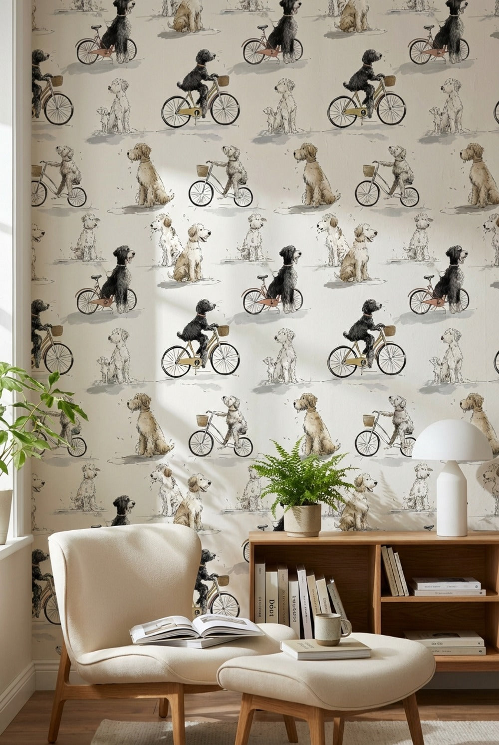 Whimsical Dogs Wallpaper Bicycles Beige Wall Mural
