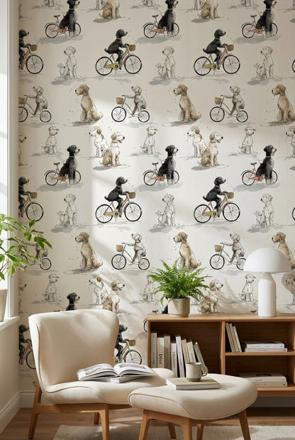 Whimsical Dogs Wallpaper Bicycles Beige Wall Mural