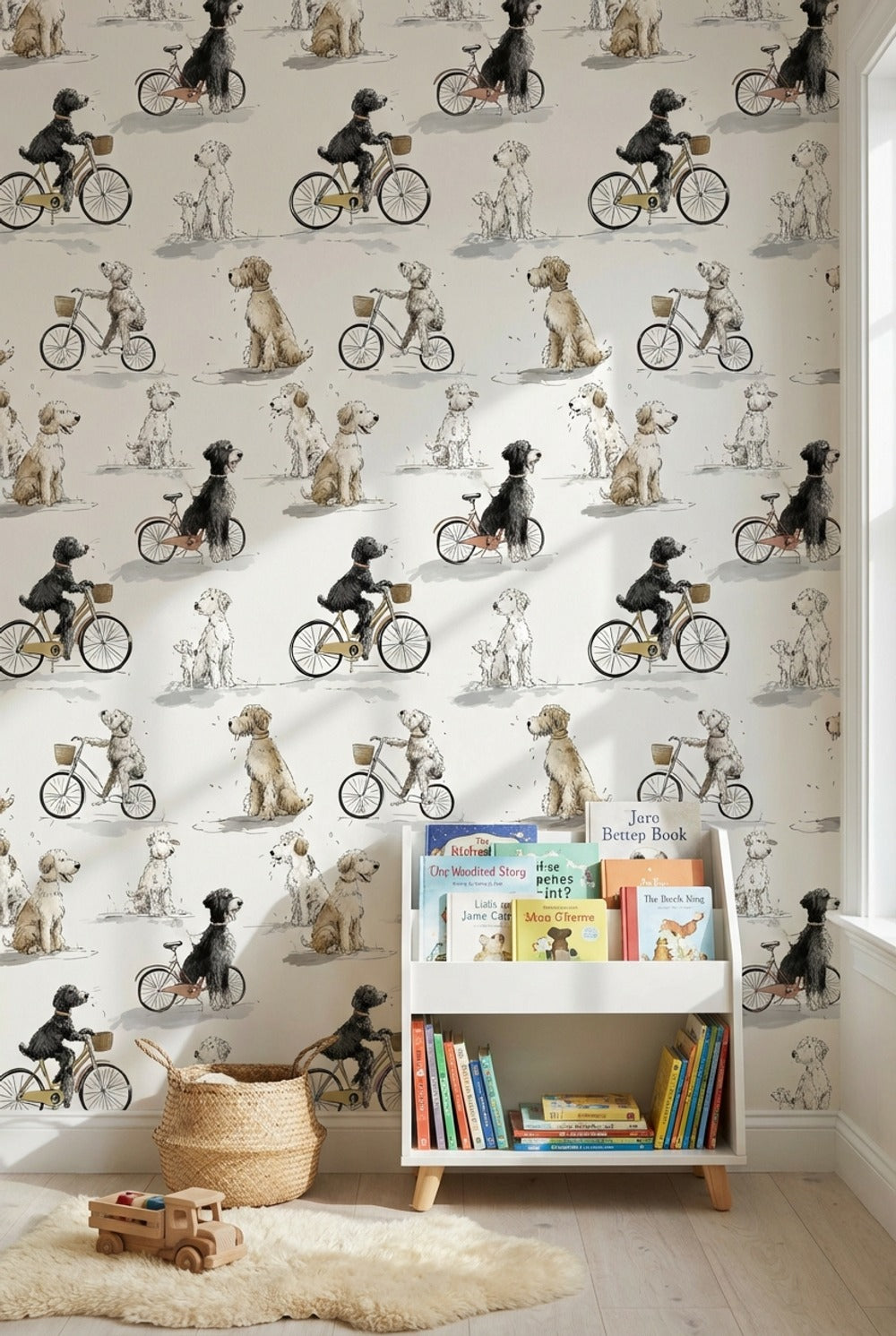 Whimsical Dogs Wallpaper Bicycles Beige Wall Mural
