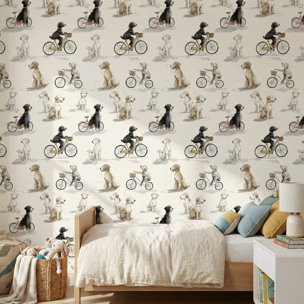 Whimsical Dogs Wallpaper Bicycles Beige Wall Mural