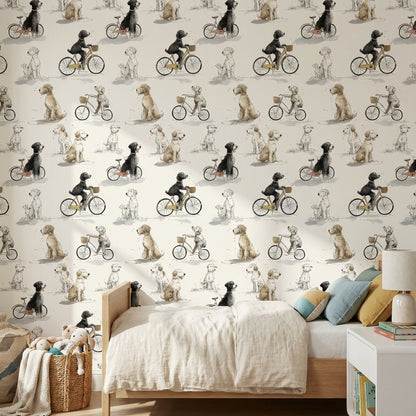Whimsical Dogs Wallpaper Bicycles Beige Wall Mural