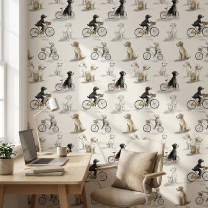 Whimsical Dogs Wallpaper Bicycles Beige Wall Mural