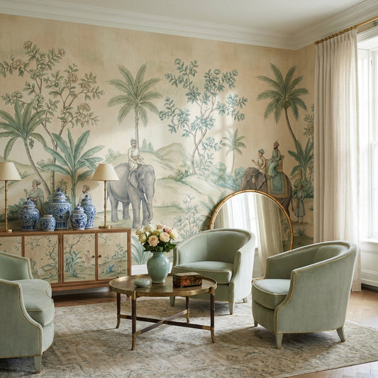 Elephants Landscape Wallpaper Vintage Exotic Wall Decor