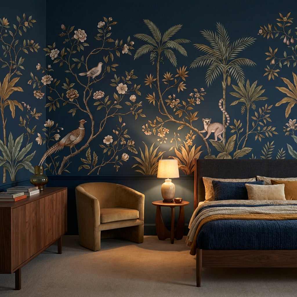 Chinoiserie Floral Wallpaper Tropical Lemur Wall Decor