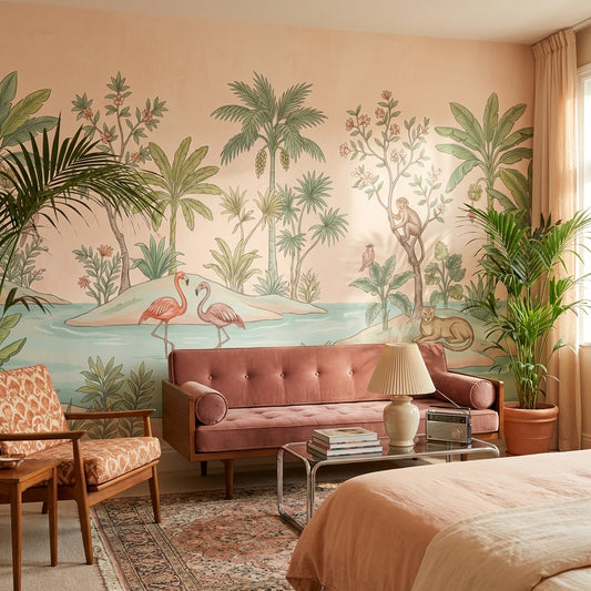 Tropical Vintage Wallpaper Landscape Wildlife Wall Decor