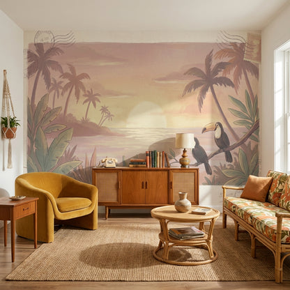 Tropical Sunset Wallpaper Toucan Vintage Wall Mural