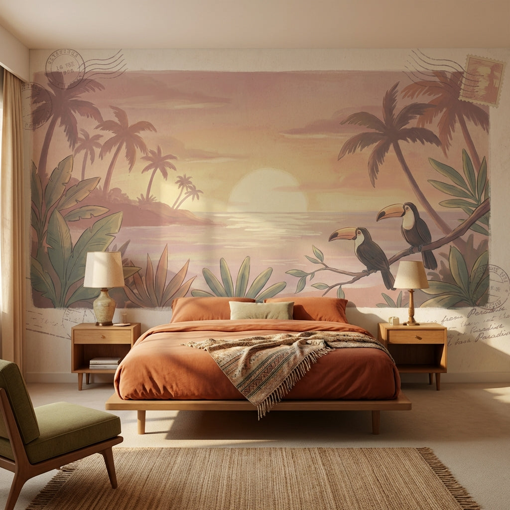 Tropical Sunset Wallpaper Toucan Vintage Wall Mural