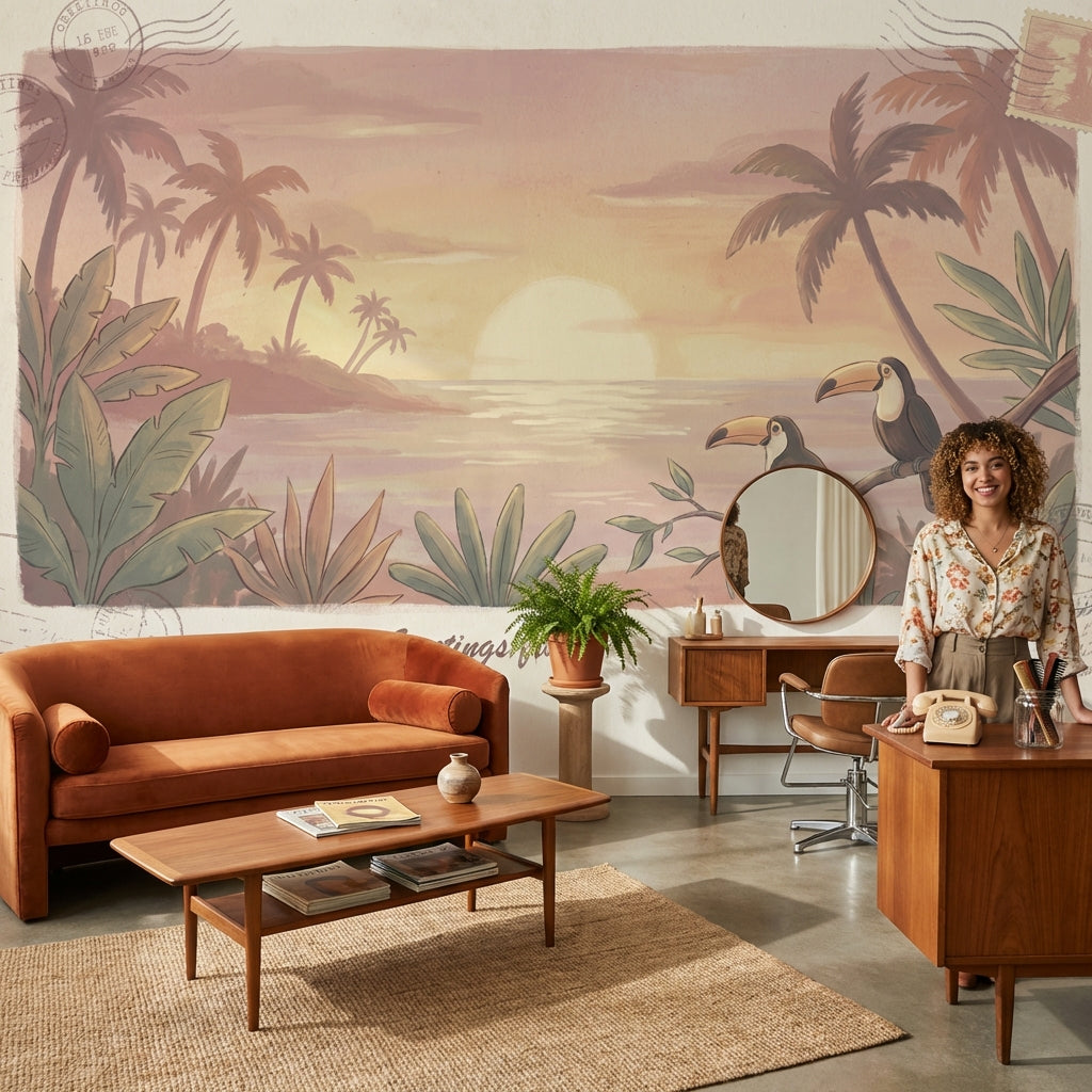 Tropical Sunset Wallpaper Toucan Vintage Wall Mural