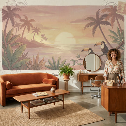 Tropical Sunset Wallpaper Toucan Vintage Wall Mural