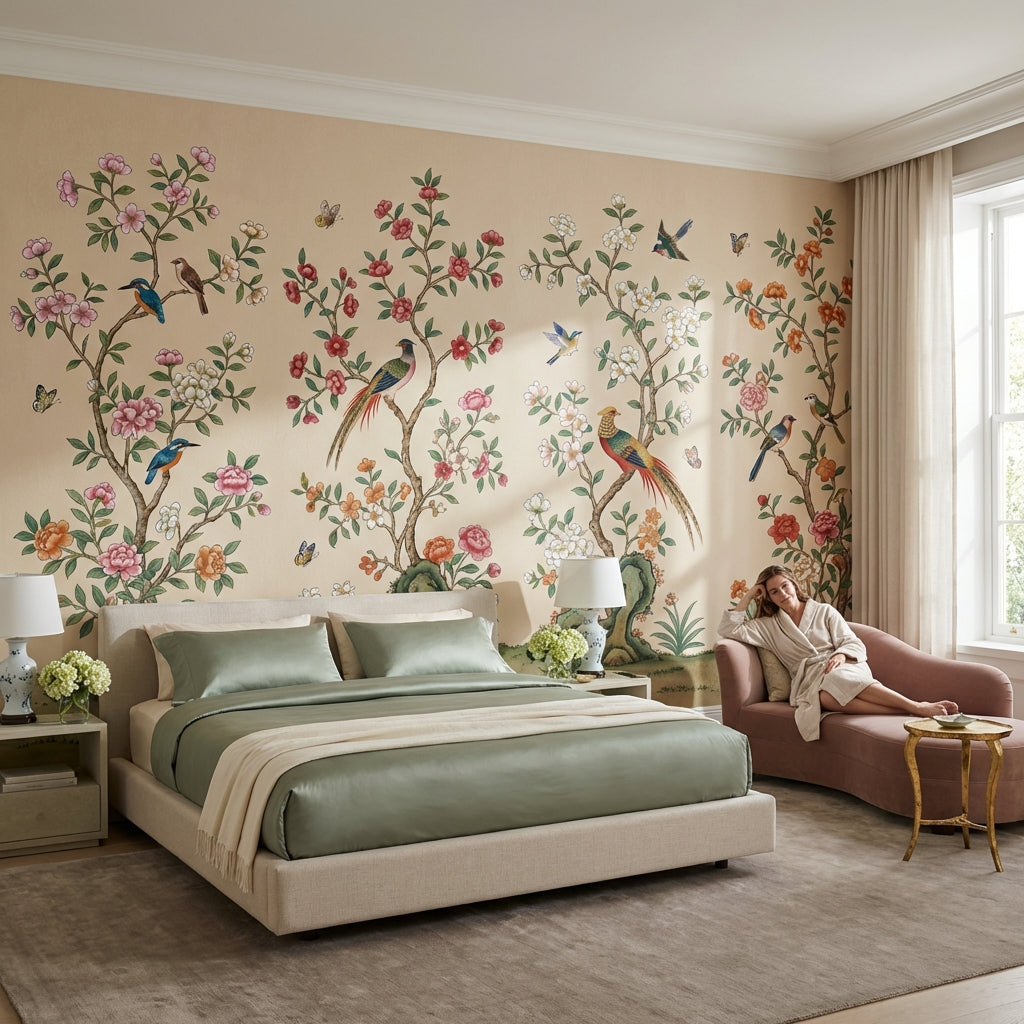 Floral Wallpaper Birds Oriental Removable Wall Decor