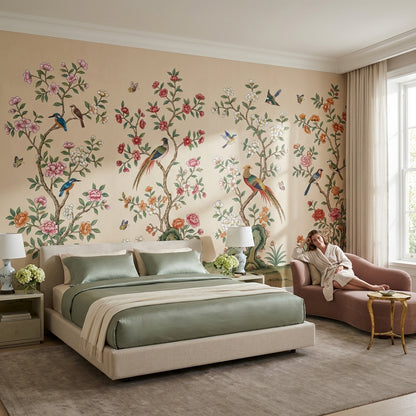 Floral Wallpaper Birds Oriental Removable Wall Decor