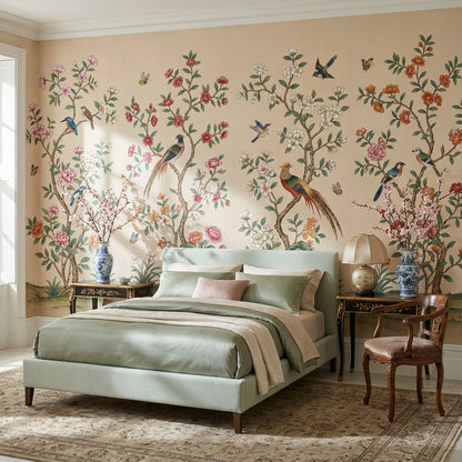 Floral Wallpaper Birds Oriental Removable Wall Decor