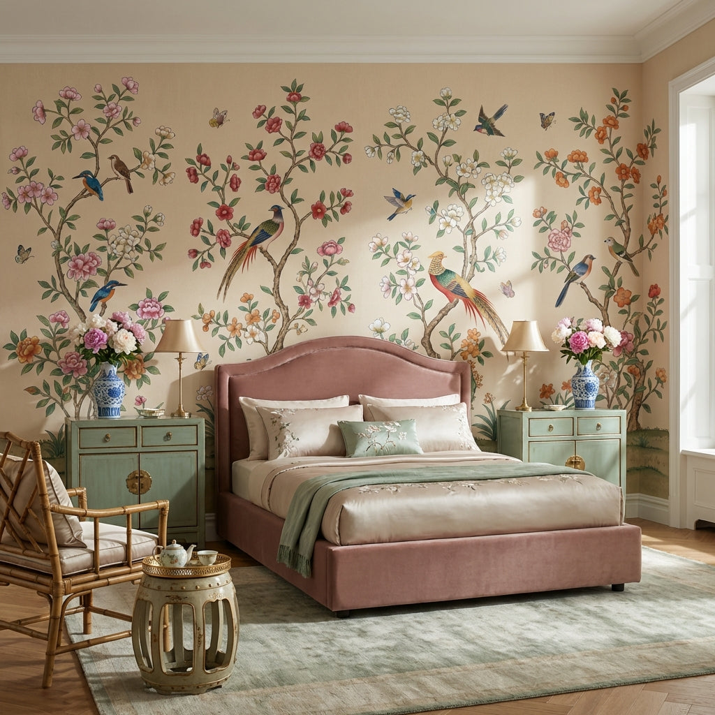 Floral Wallpaper Birds Oriental Removable Wall Decor