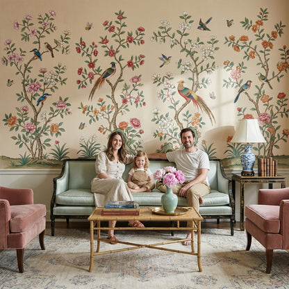 Floral Wallpaper Birds Oriental Removable Wall Decor